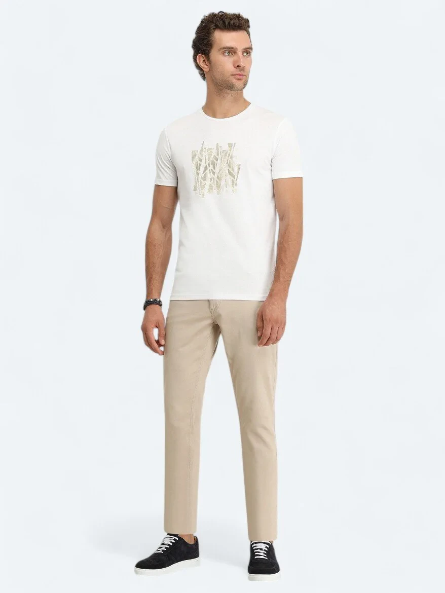 Beyaz Baskılı Bisiklet Yaka %100 Pamuk T-Shirt - 2