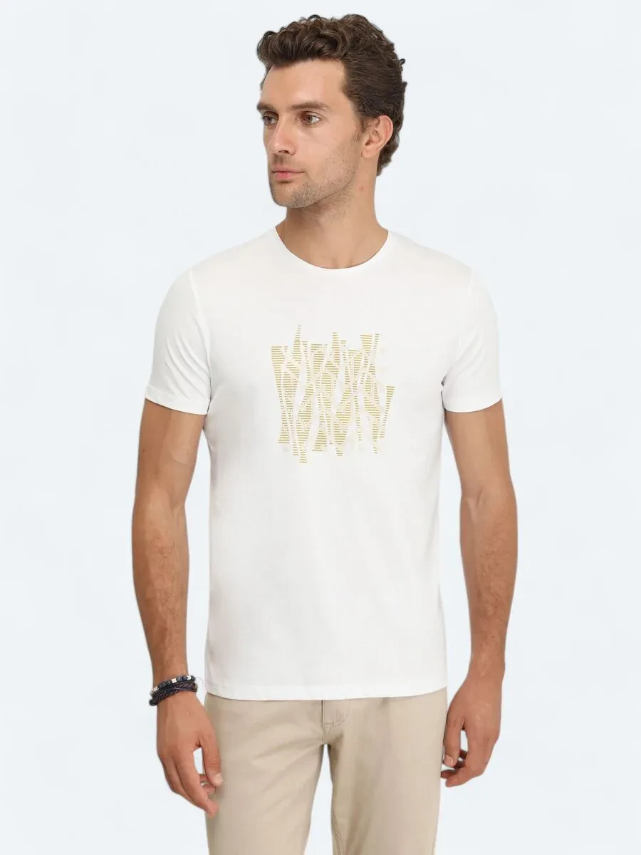 Beyaz Baskılı Bisiklet Yaka %100 Pamuk T-Shirt - 3
