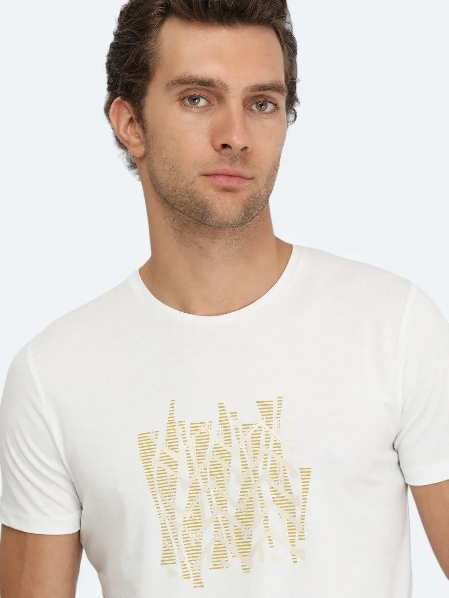 Beyaz Baskılı Bisiklet Yaka %100 Pamuk T-Shirt - 4