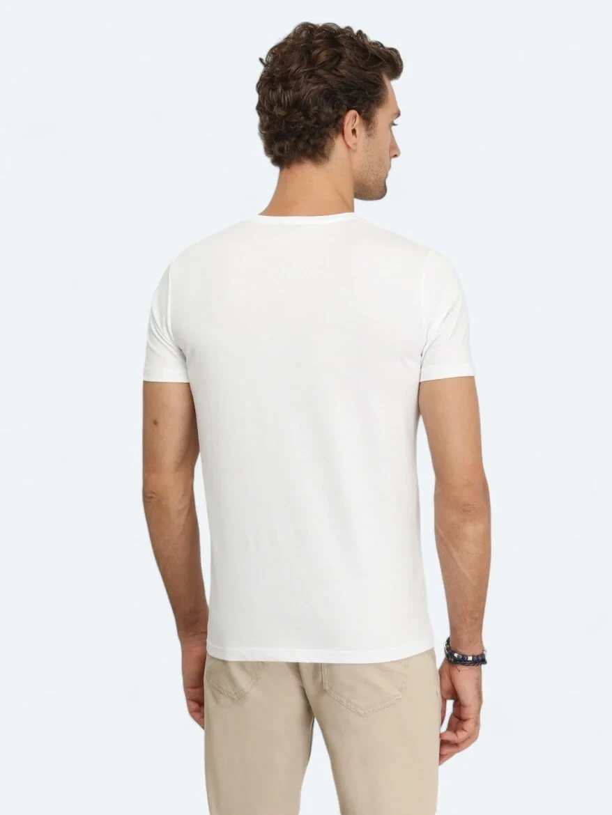 Beyaz Baskılı Bisiklet Yaka %100 Pamuk T-Shirt - 5
