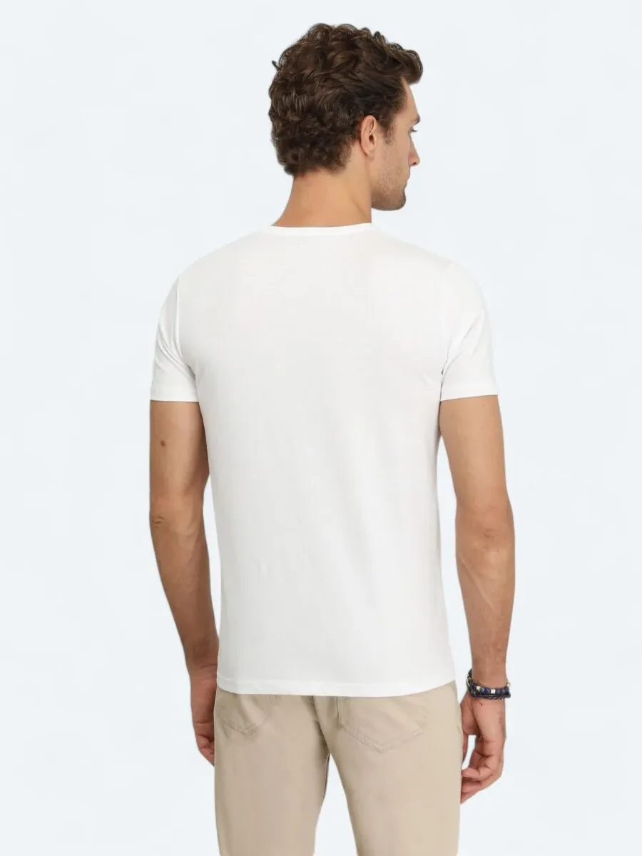 Beyaz Baskılı Bisiklet Yaka %100 Pamuk T-Shirt - 5