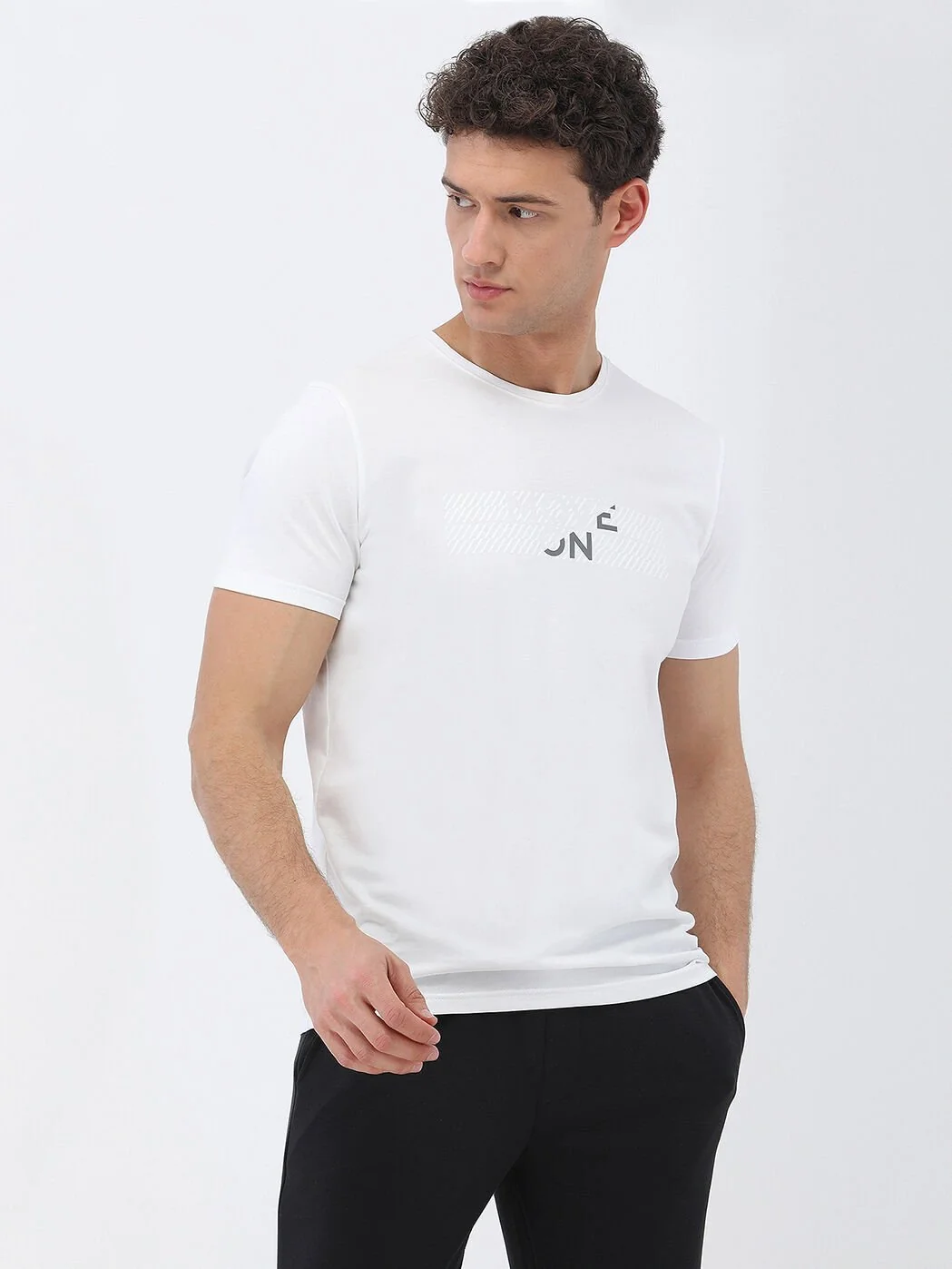 Beyaz Baskılı Bisiklet Yaka %100 Pamuk T-Shirt - 1