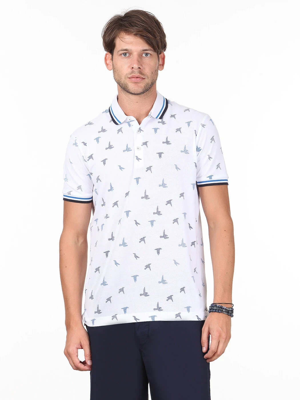 Beyaz Baskılı Polo Yaka %100 Pamuk T-Shirt - 1