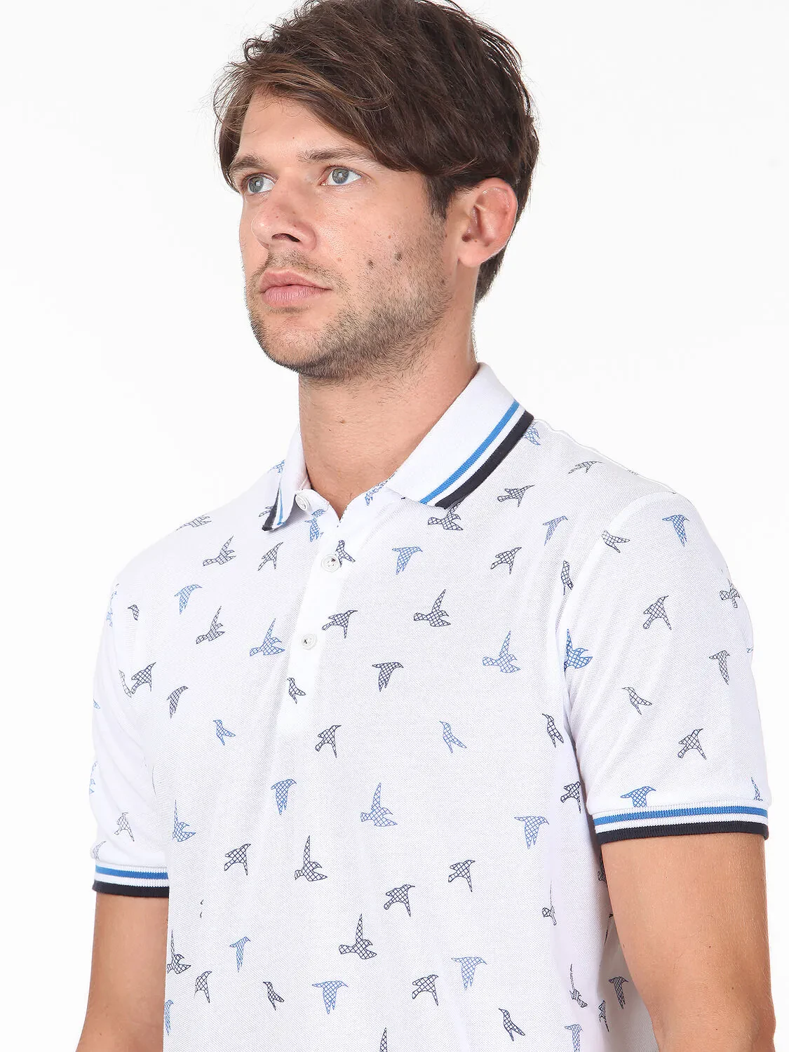 Beyaz Baskılı Polo Yaka %100 Pamuk T-Shirt - 2