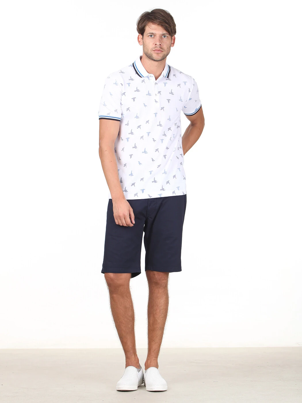 Beyaz Baskılı Polo Yaka %100 Pamuk T-Shirt - 3