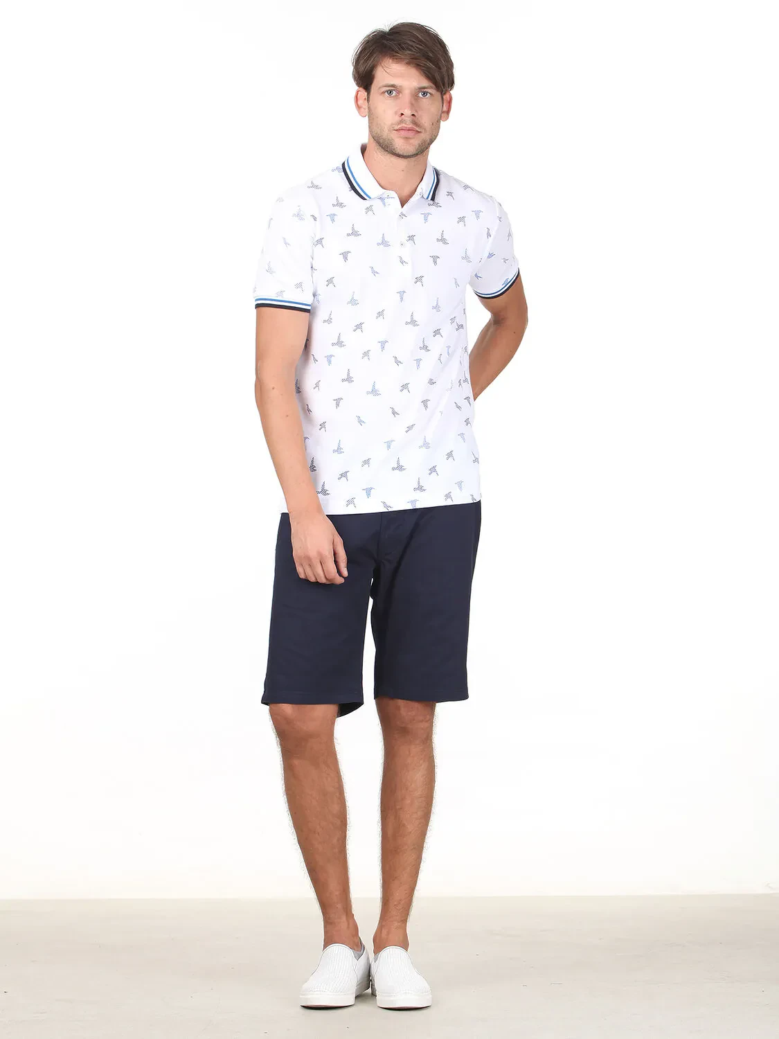 Beyaz Baskılı Polo Yaka %100 Pamuk T-Shirt - 3