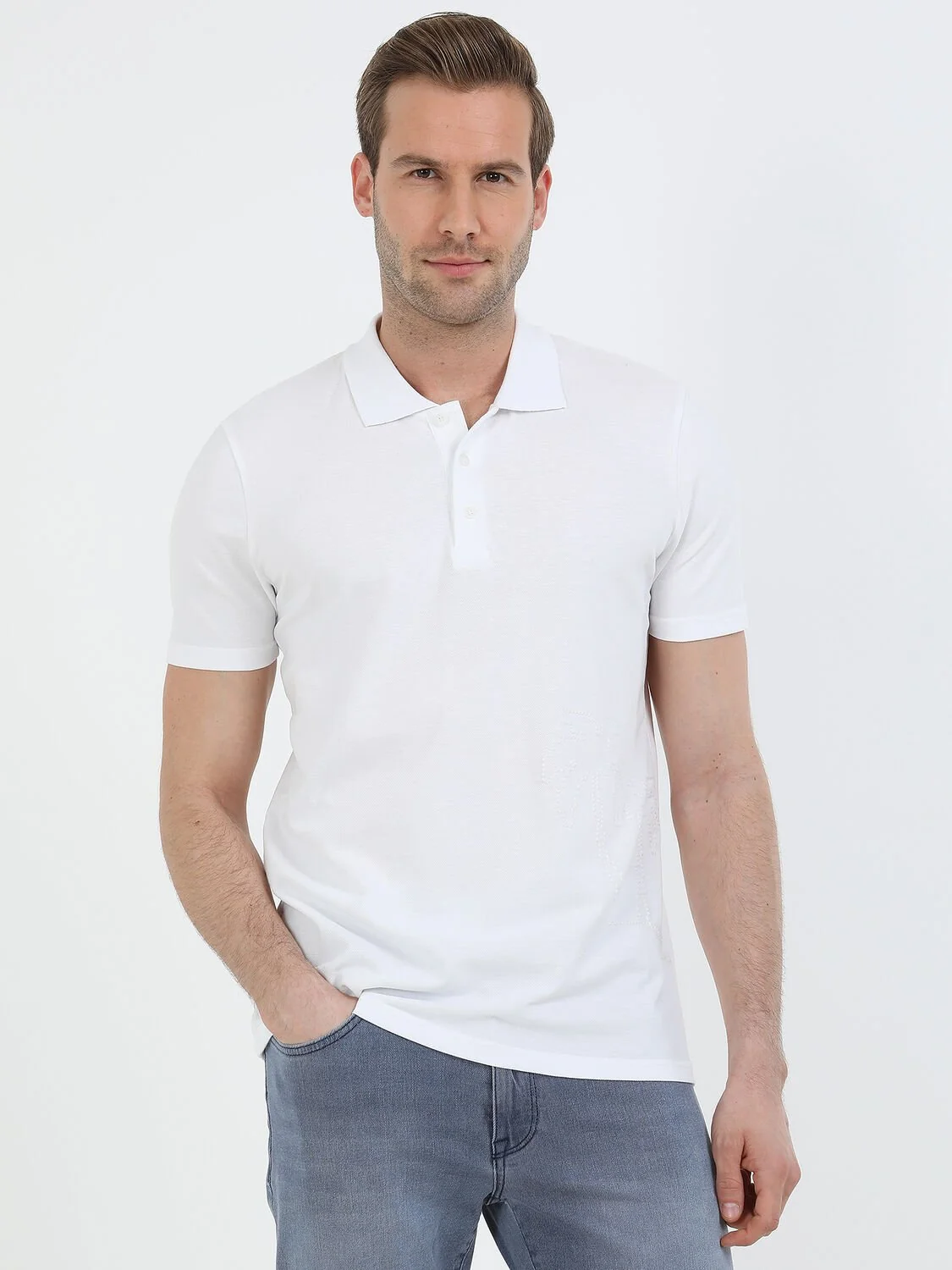 Beyaz Baskılı Polo Yaka %100 Pamuk T-Shirt - 1