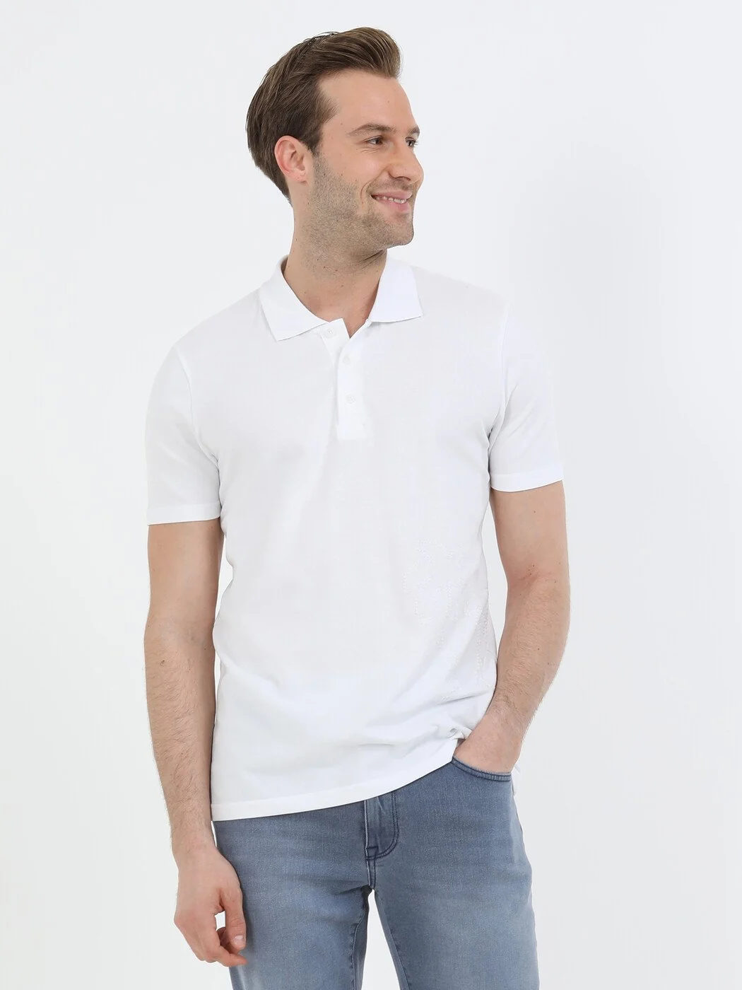 Beyaz Baskılı Polo Yaka %100 Pamuk T-Shirt - 2