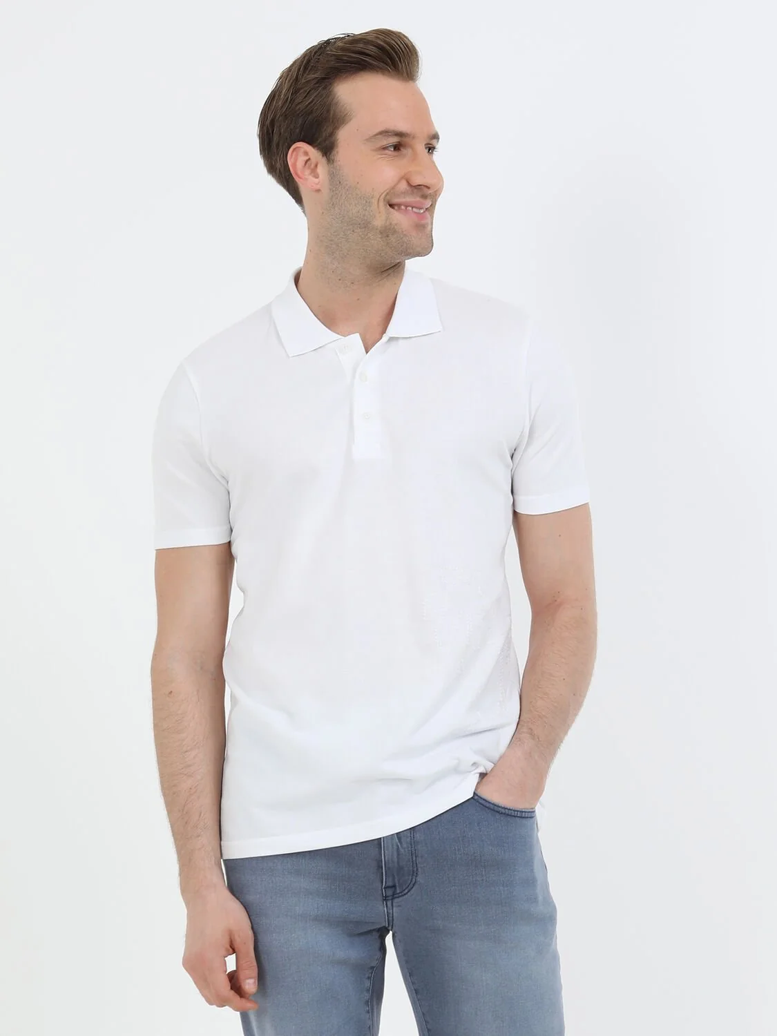 Beyaz Baskılı Polo Yaka %100 Pamuk T-Shirt - 2