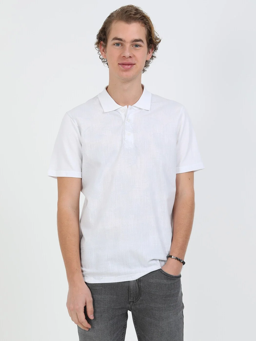 Beyaz Baskılı Polo Yaka %100 Pamuk T-Shirt - 1