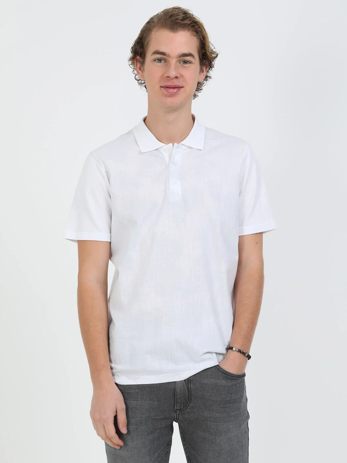 Beyaz Baskılı Polo Yaka %100 Pamuk T-Shirt - 1