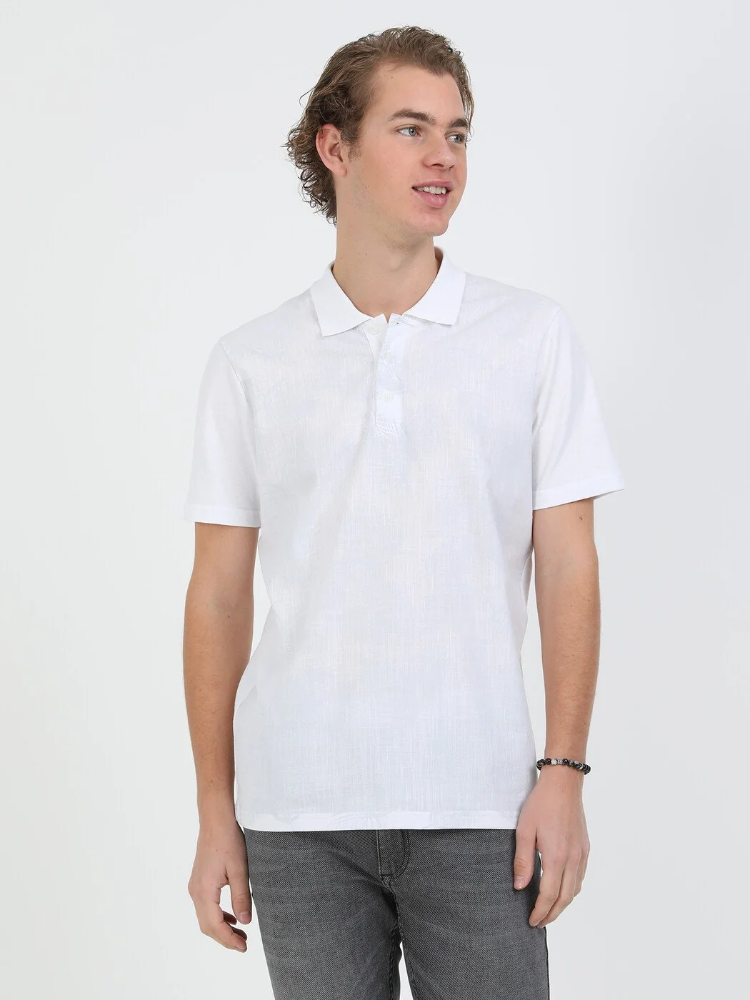 Beyaz Baskılı Polo Yaka %100 Pamuk T-Shirt - 3