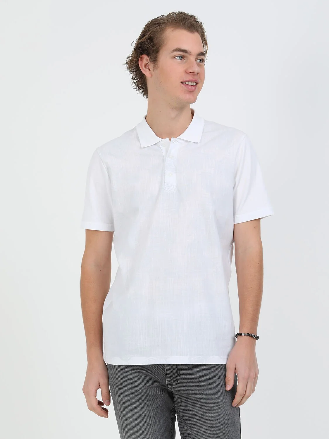 Beyaz Baskılı Polo Yaka %100 Pamuk T-Shirt - 3