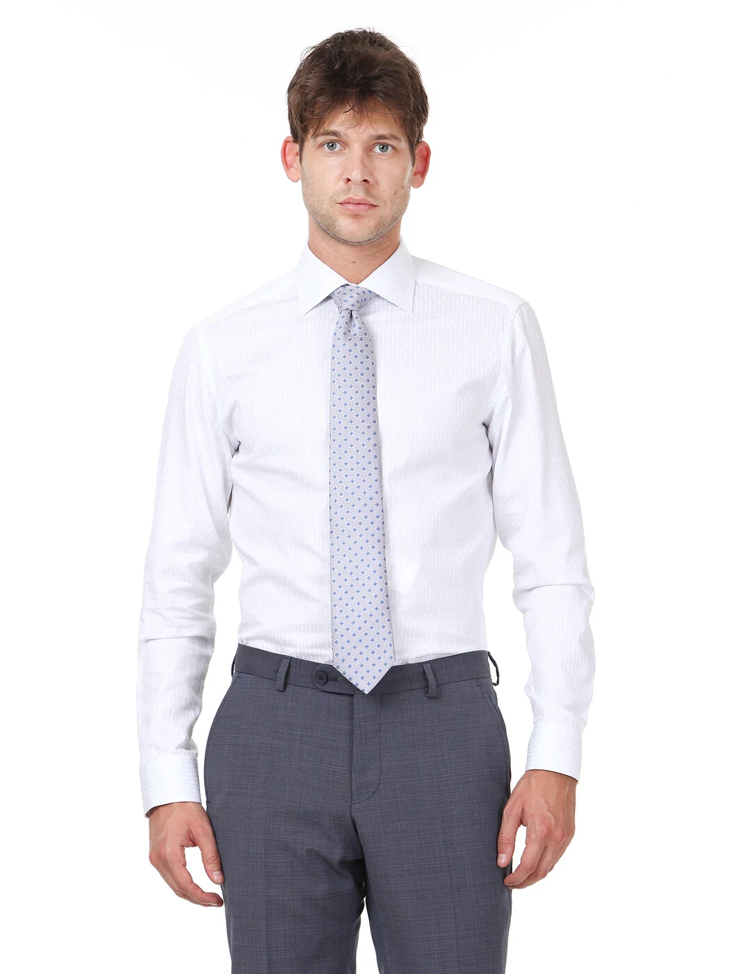 Beyaz Baskılı Slim Fit Dokuma Klasik %100 Pamuk Gömlek - 1