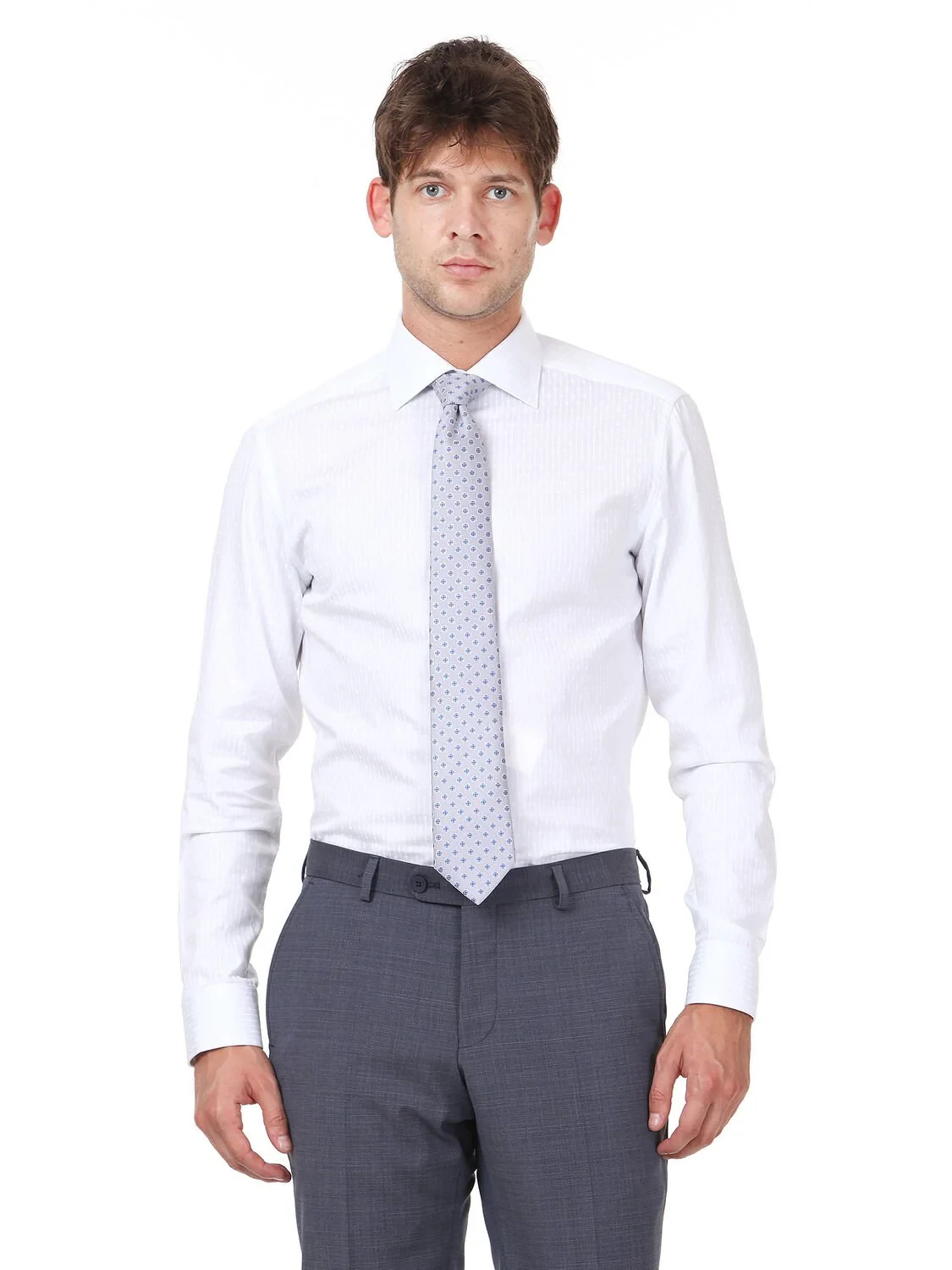 Beyaz Baskılı Slim Fit Dokuma Klasik %100 Pamuk Gömlek - 1
