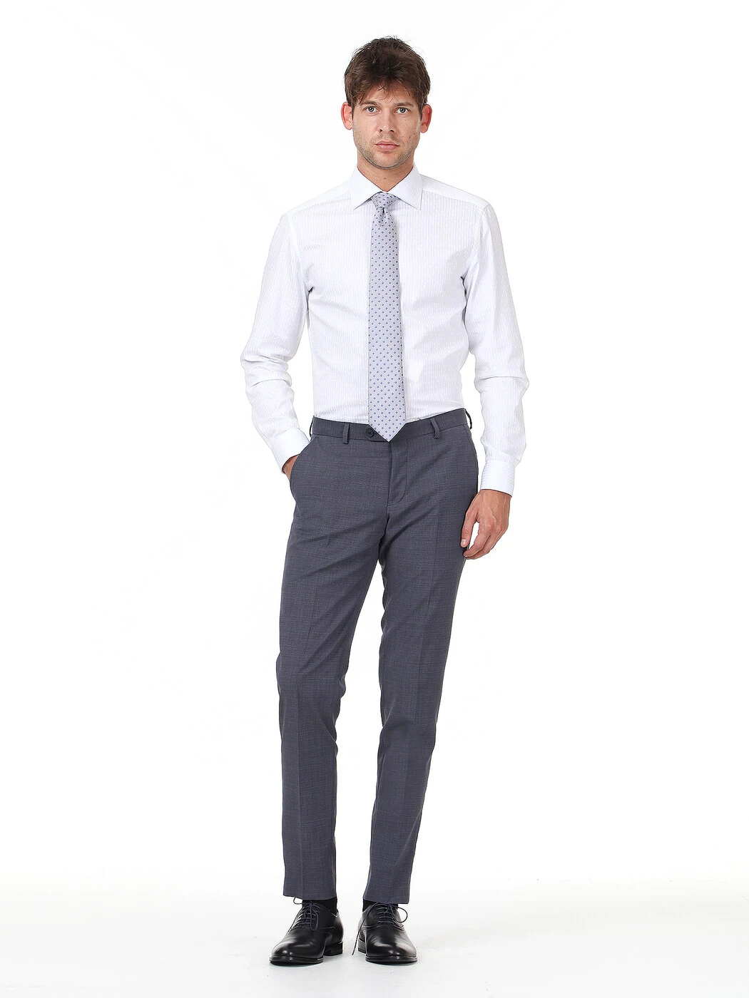 Beyaz Baskılı Slim Fit Dokuma Klasik %100 Pamuk Gömlek - 3