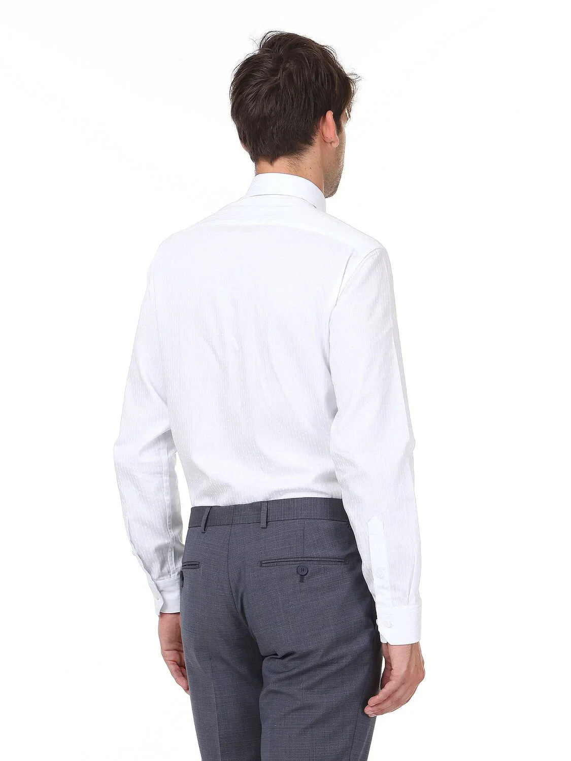 Beyaz Baskılı Slim Fit Dokuma Klasik %100 Pamuk Gömlek - 4