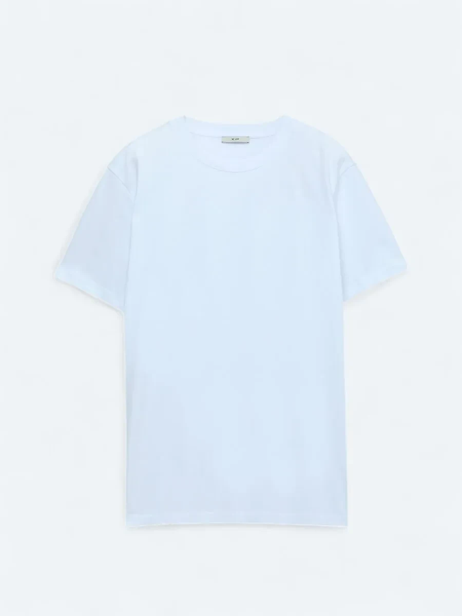 Beyaz Bisiklet Yaka %100 Pamuk T-Shirt - 1