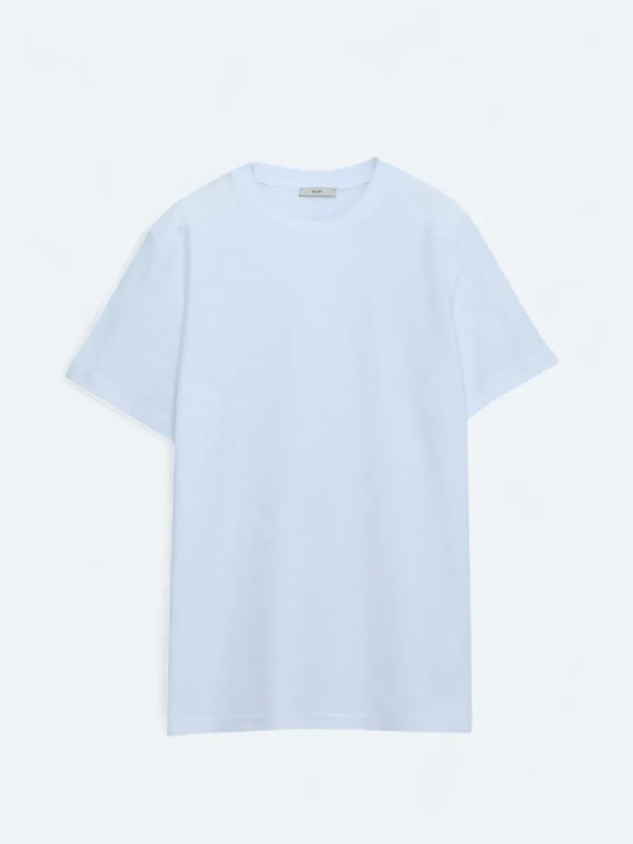 Beyaz Bisiklet Yaka %100 Pamuk T-Shirt - 1