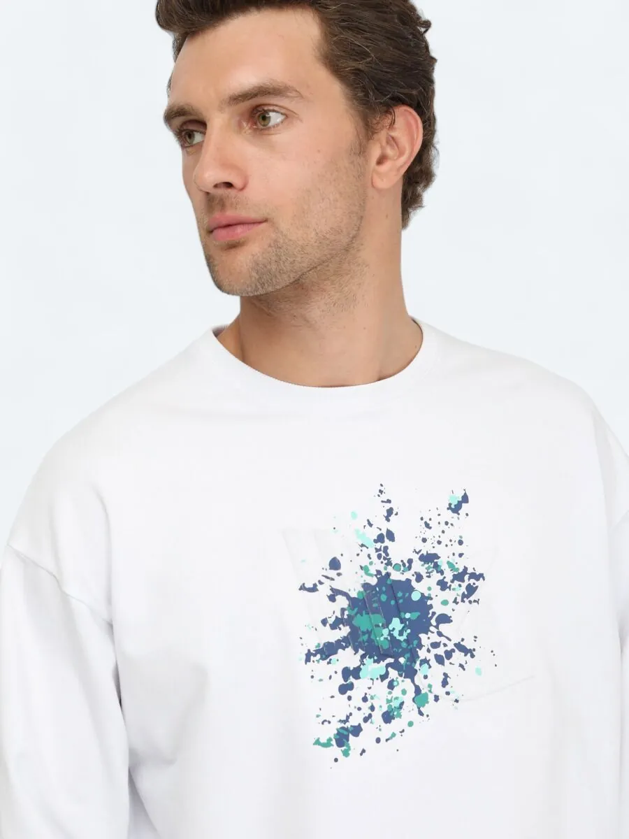 Beyaz Bisiklet Yaka Baskılı Sweatshırt - 4
