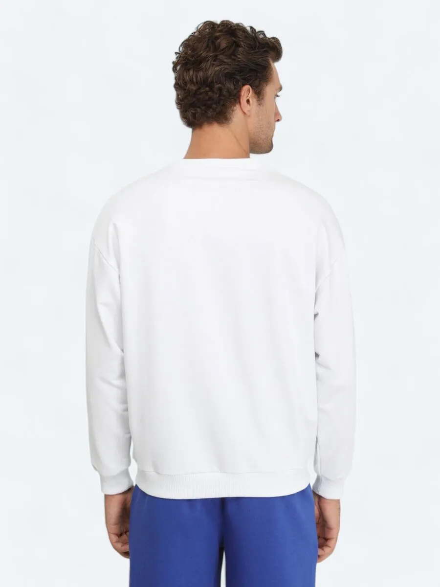 Beyaz Bisiklet Yaka Baskılı Sweatshırt - 5