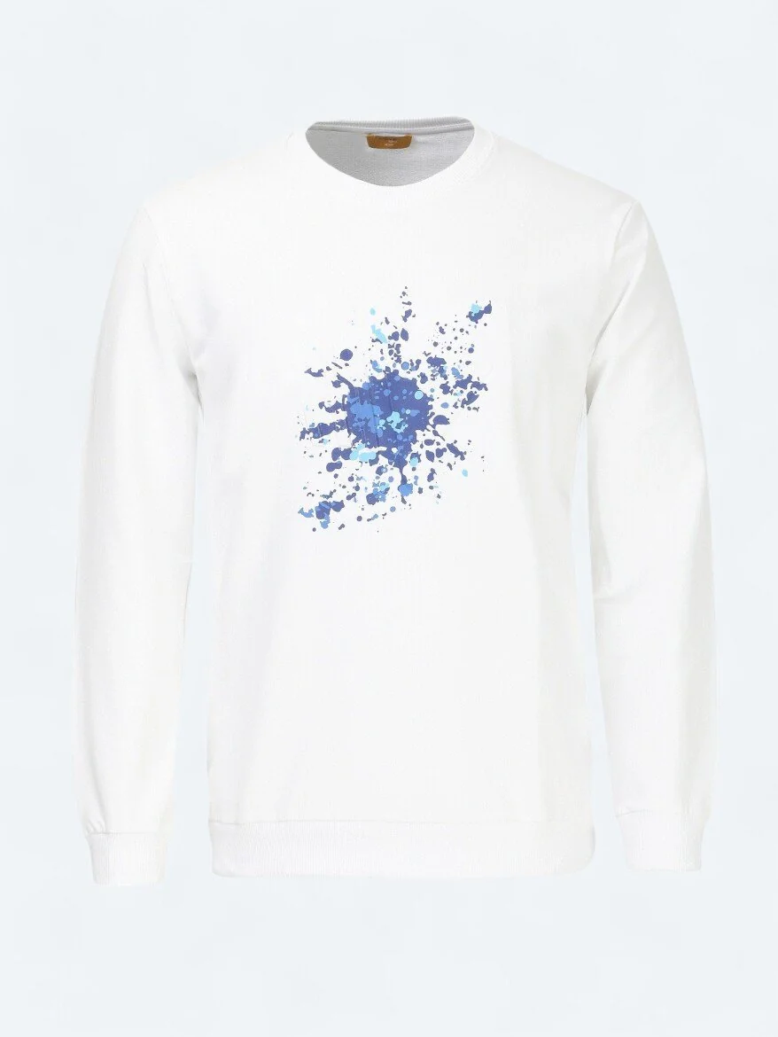 Beyaz Bisiklet Yaka Baskılı Sweatshırt - 6
