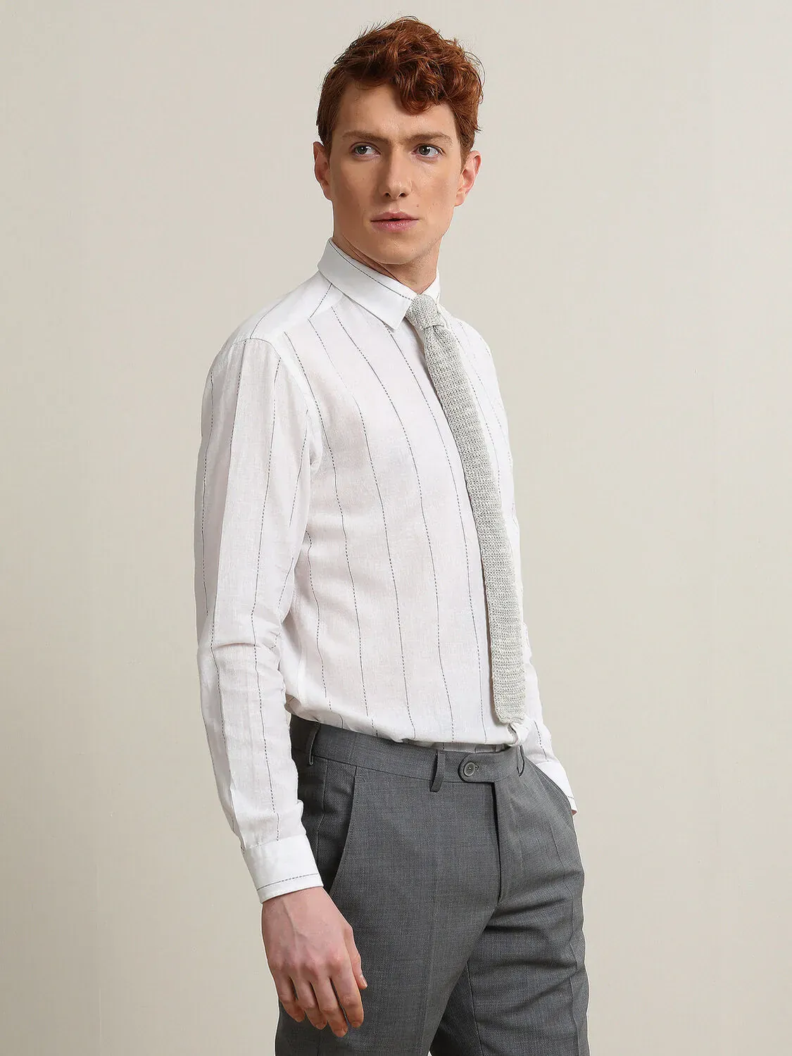 Beyaz Çizgili Regular Fit Dokuma Casual Pamuk Karışımlı Gömlek - 1