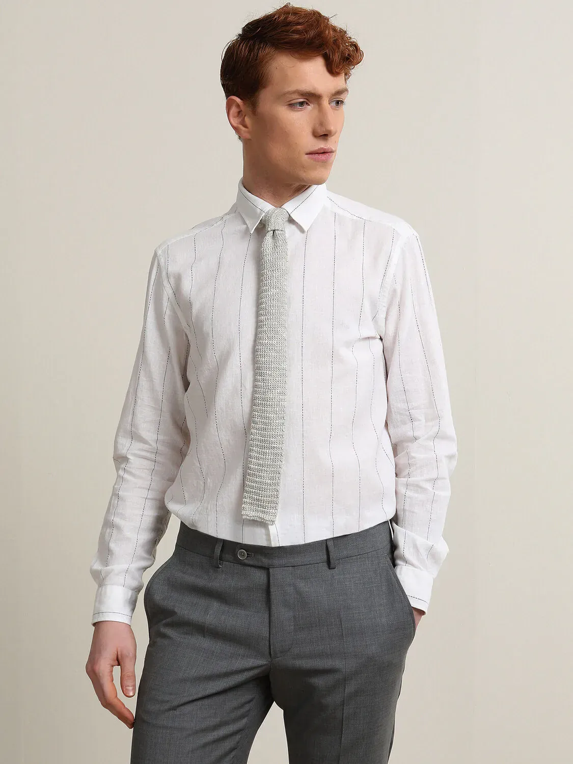 Beyaz Çizgili Regular Fit Dokuma Casual Pamuk Karışımlı Gömlek - 4