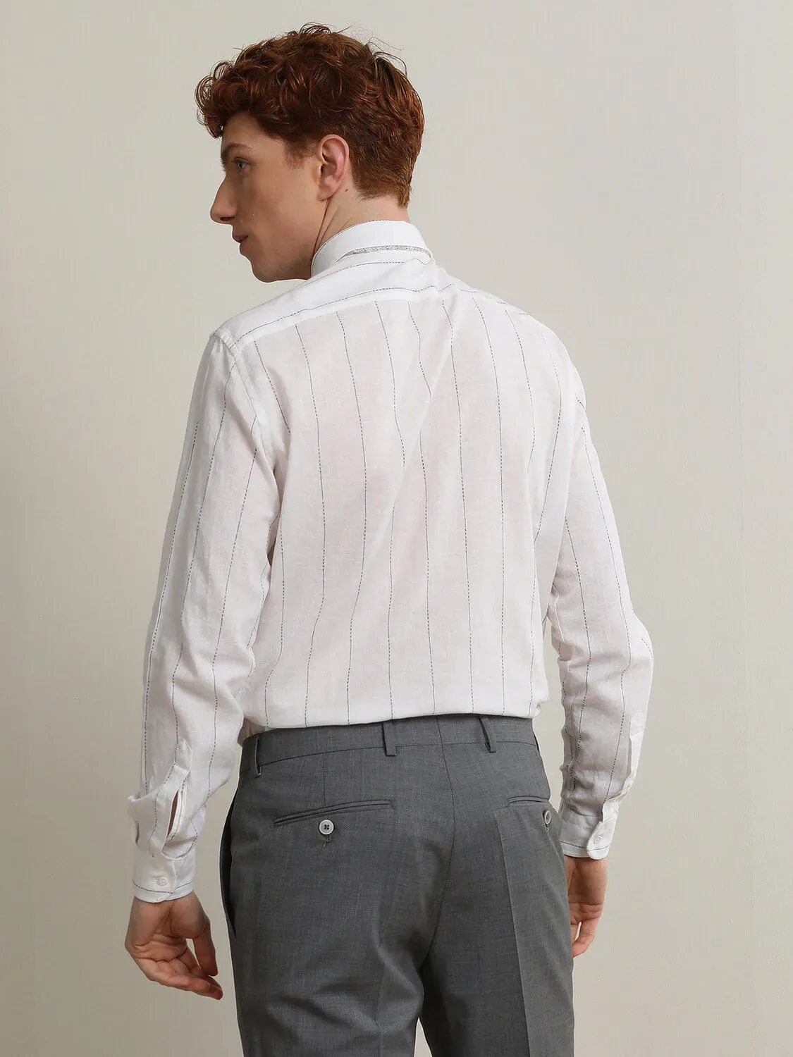 Beyaz Çizgili Regular Fit Dokuma Casual Pamuk Karışımlı Gömlek - 5