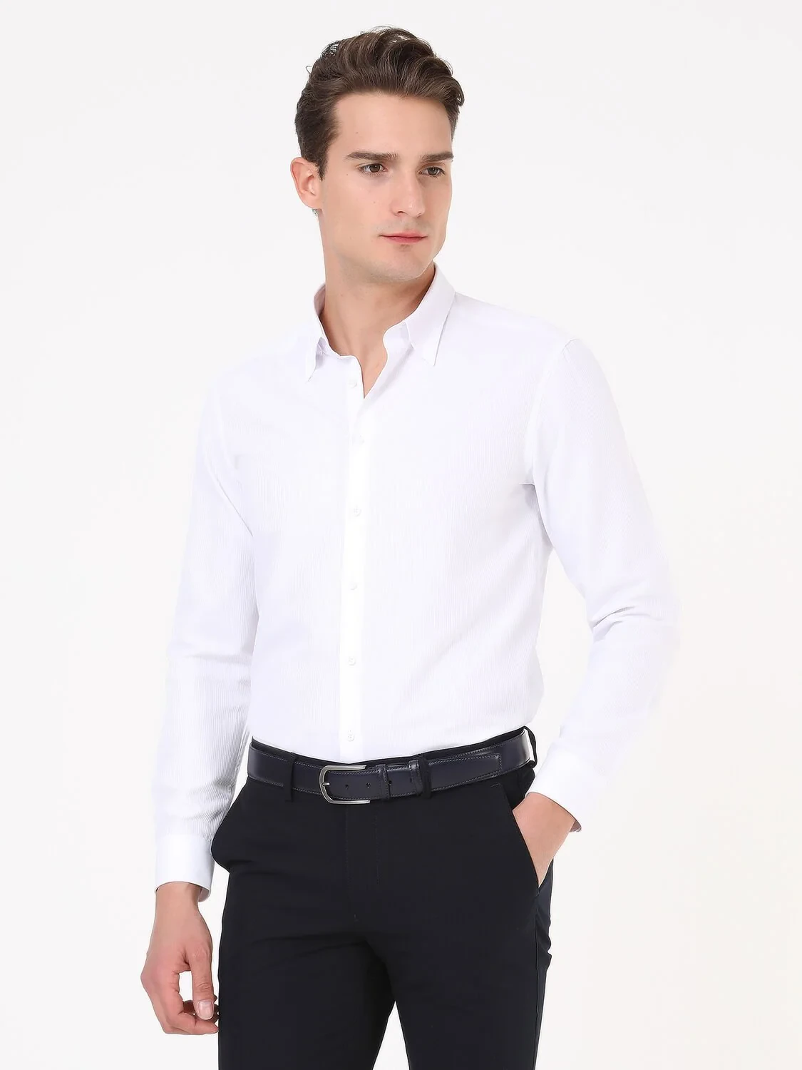 Beyaz Çizgili Regular Fit Dokuma Klasik Pamuk Karışımlı Gömlek - 1