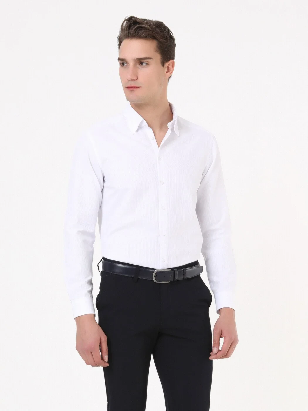 Beyaz Çizgili Regular Fit Dokuma Klasik Pamuk Karışımlı Gömlek - 3