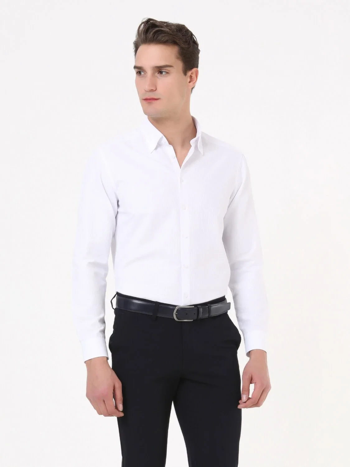 Beyaz Çizgili Regular Fit Dokuma Klasik Pamuk Karışımlı Gömlek - 3