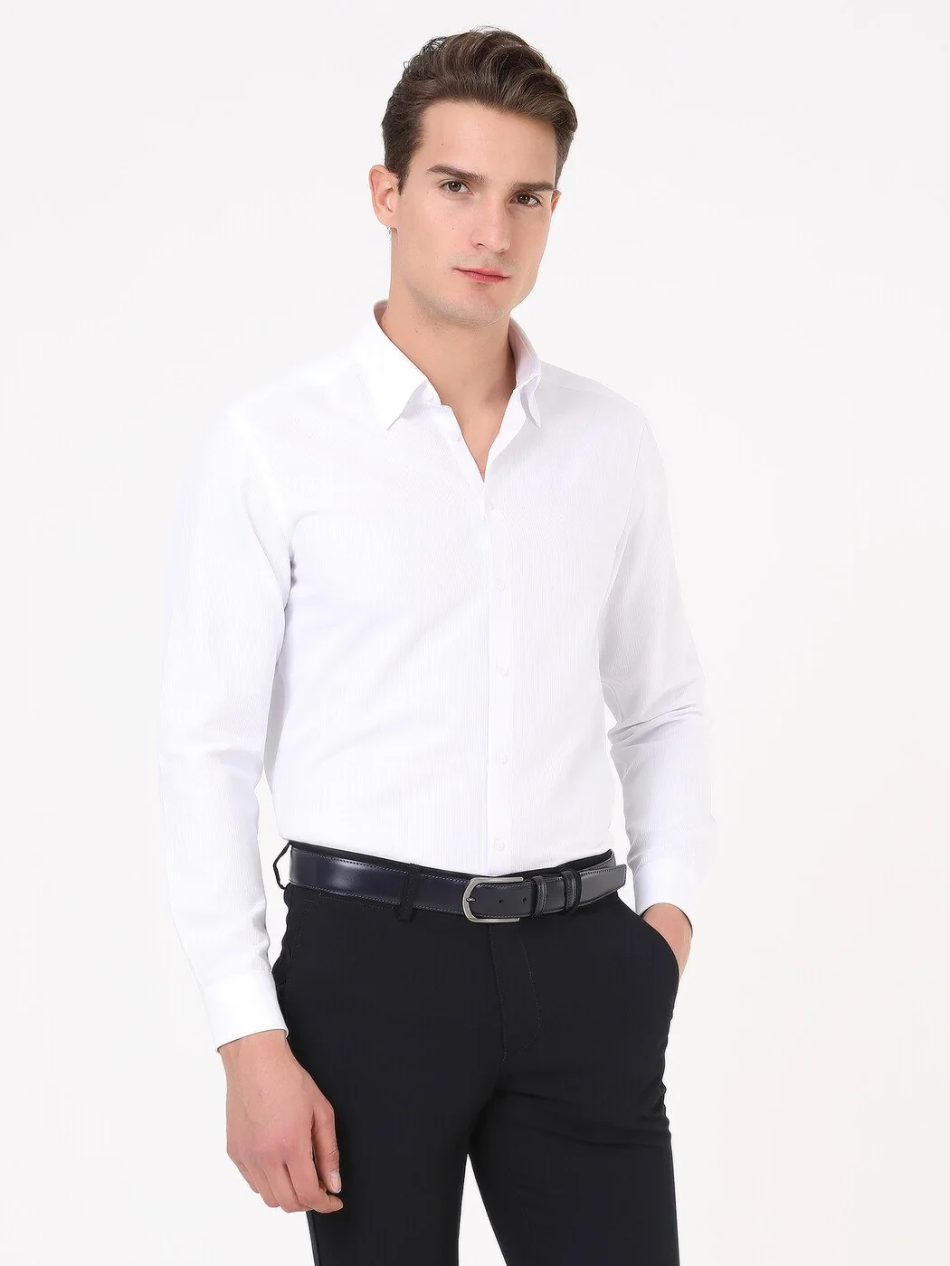 Beyaz Çizgili Regular Fit Dokuma Klasik Pamuk Karışımlı Gömlek - 4