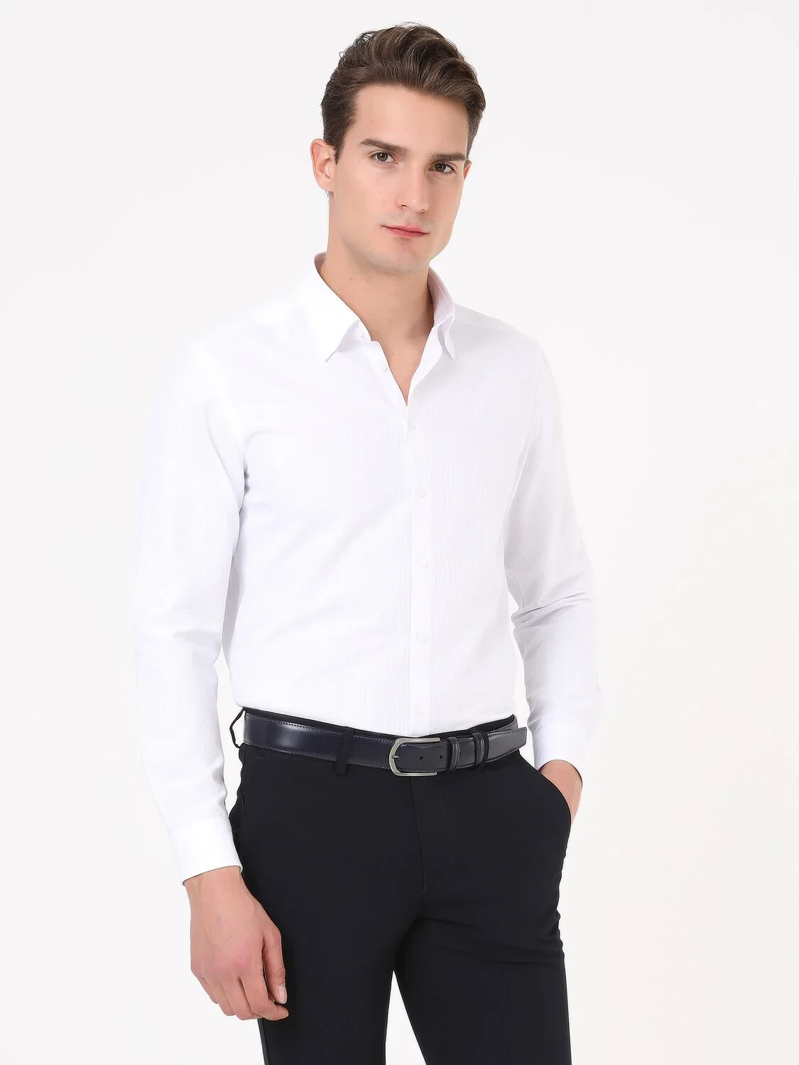 Beyaz Çizgili Regular Fit Dokuma Klasik Pamuk Karışımlı Gömlek - 4
