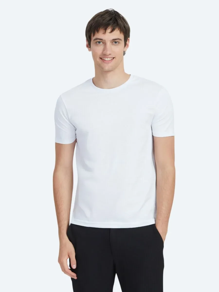 Beyaz Düz Bisiklet Yaka %100 Pamuk T-Shirt - 1