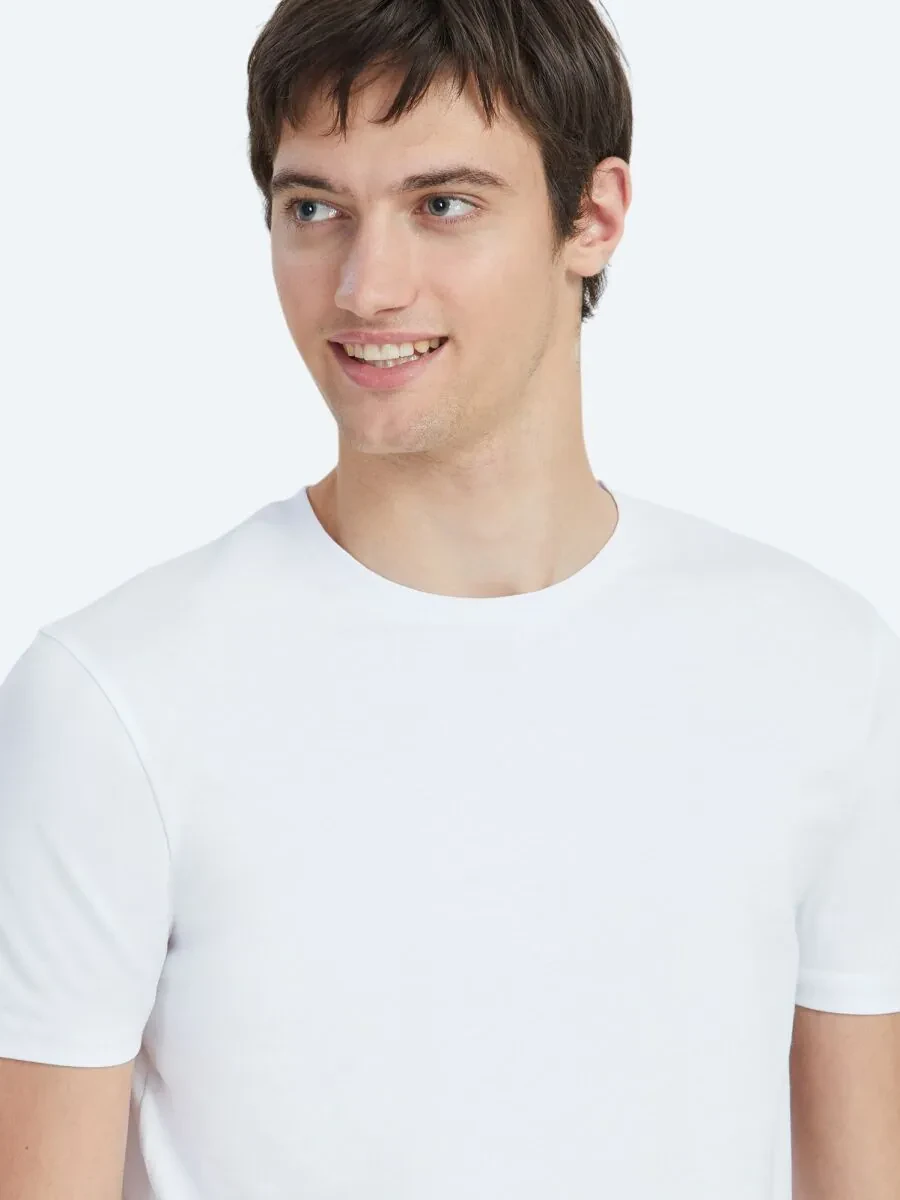 Beyaz Düz Bisiklet Yaka %100 Pamuk T-Shirt - 3