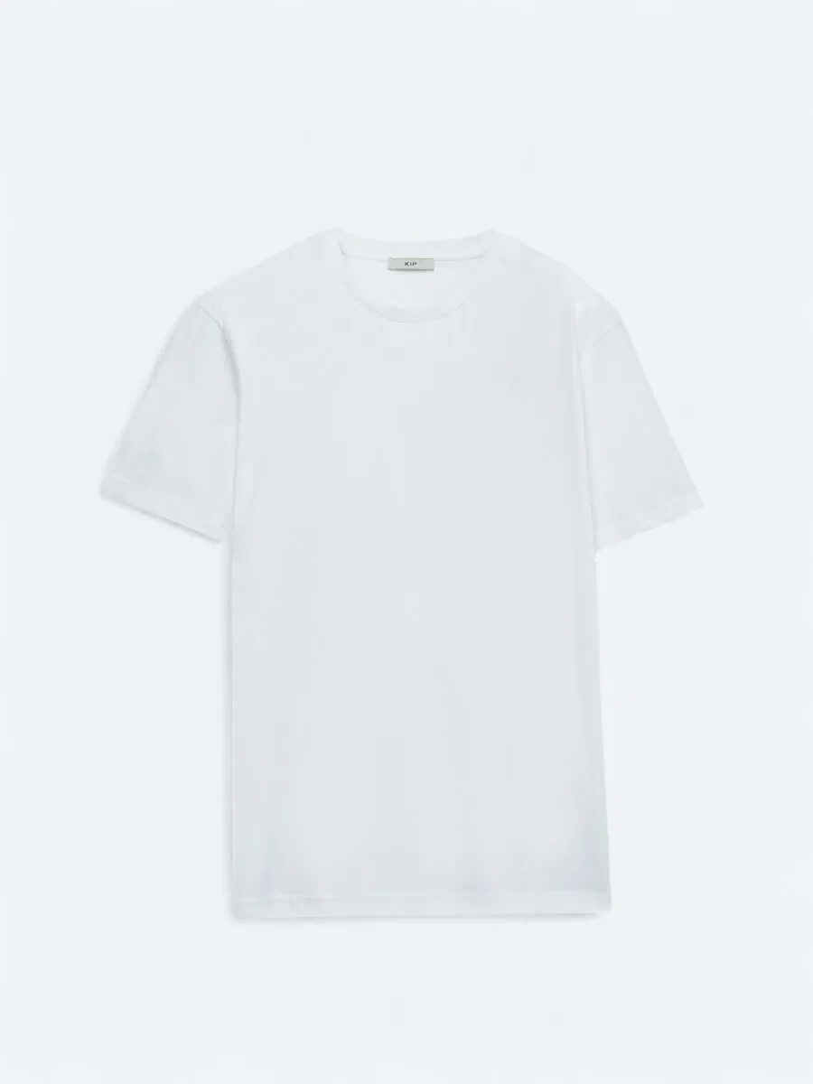 Beyaz Düz Bisiklet Yaka %100 Pamuk T-Shirt - 5