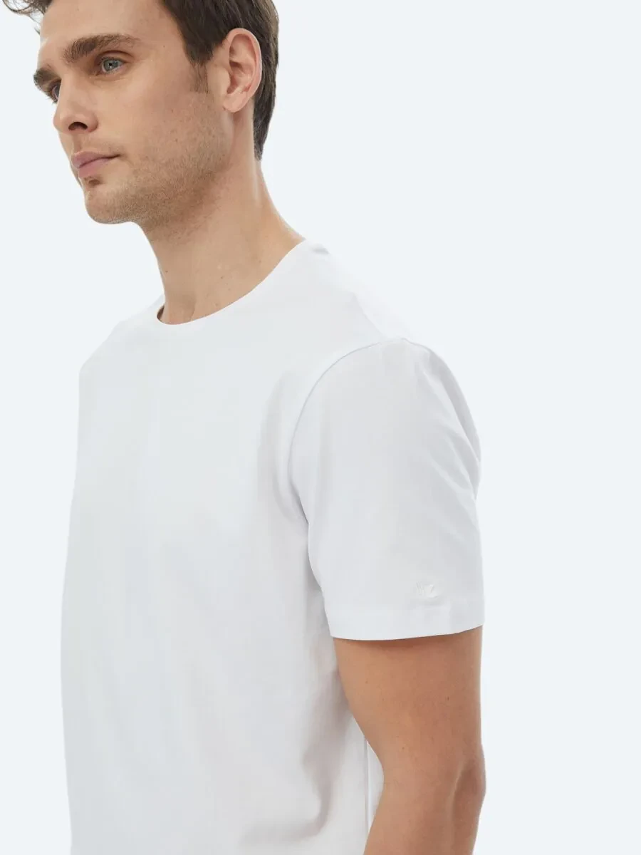 Beyaz Düz Bisiklet Yaka Pamuk Karışımlı T-Shirt - 2