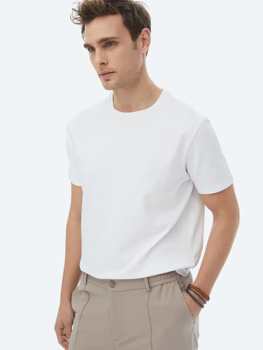 Beyaz Düz Bisiklet Yaka Pamuk Karışımlı T-Shirt - 3