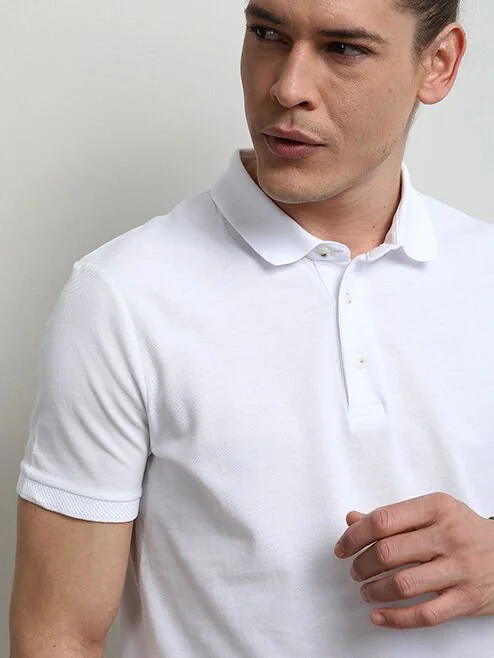 Beyaz Düz Polo Yaka %100 Pamuk T-Shirt - 3