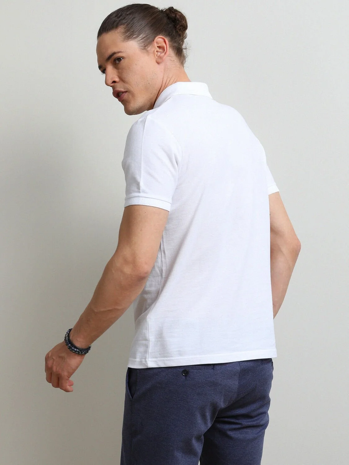 Beyaz Düz Polo Yaka %100 Pamuk T-Shirt - 5