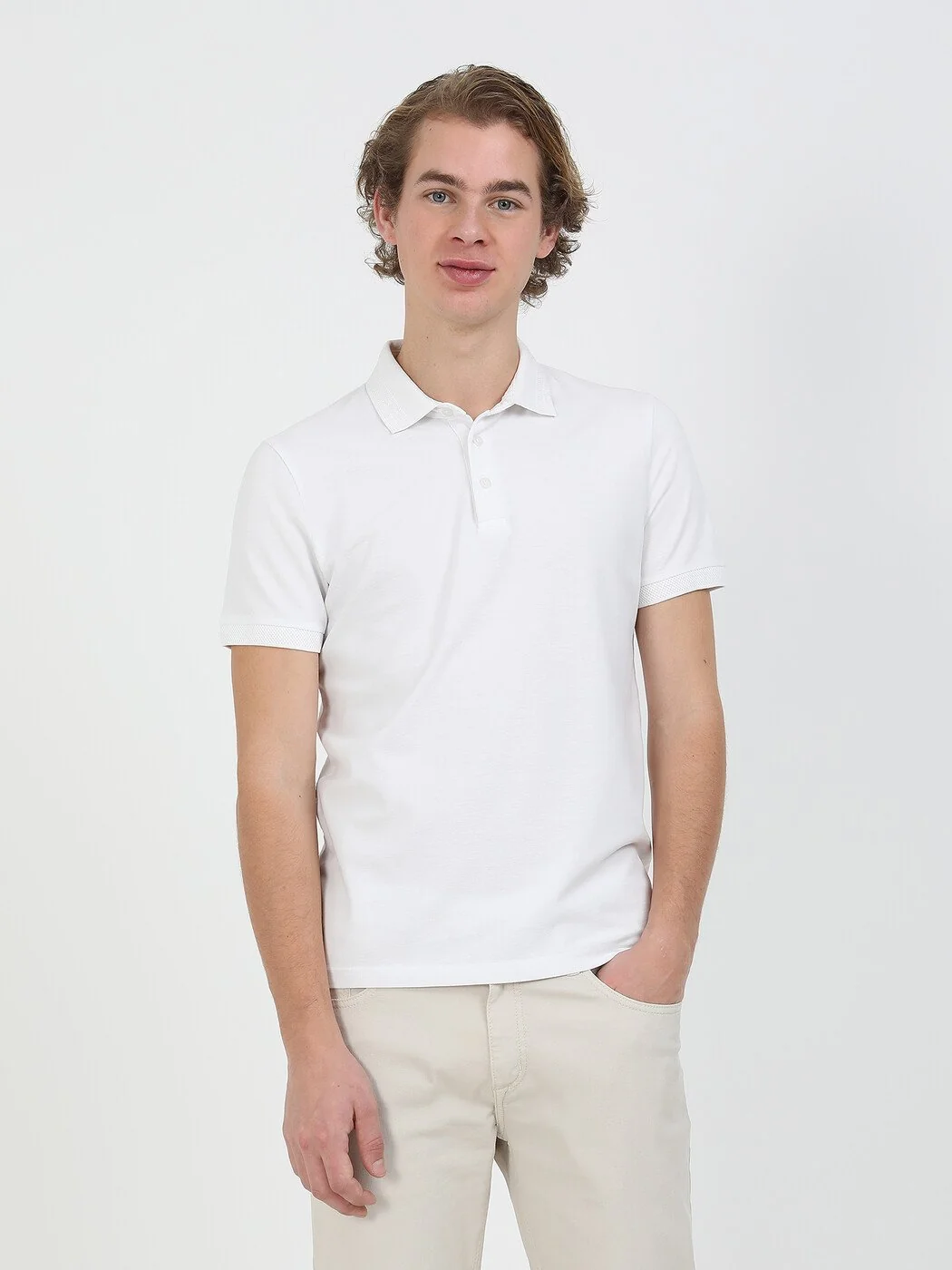 Beyaz Düz Polo Yaka %100 Pamuk T-Shirt - 1