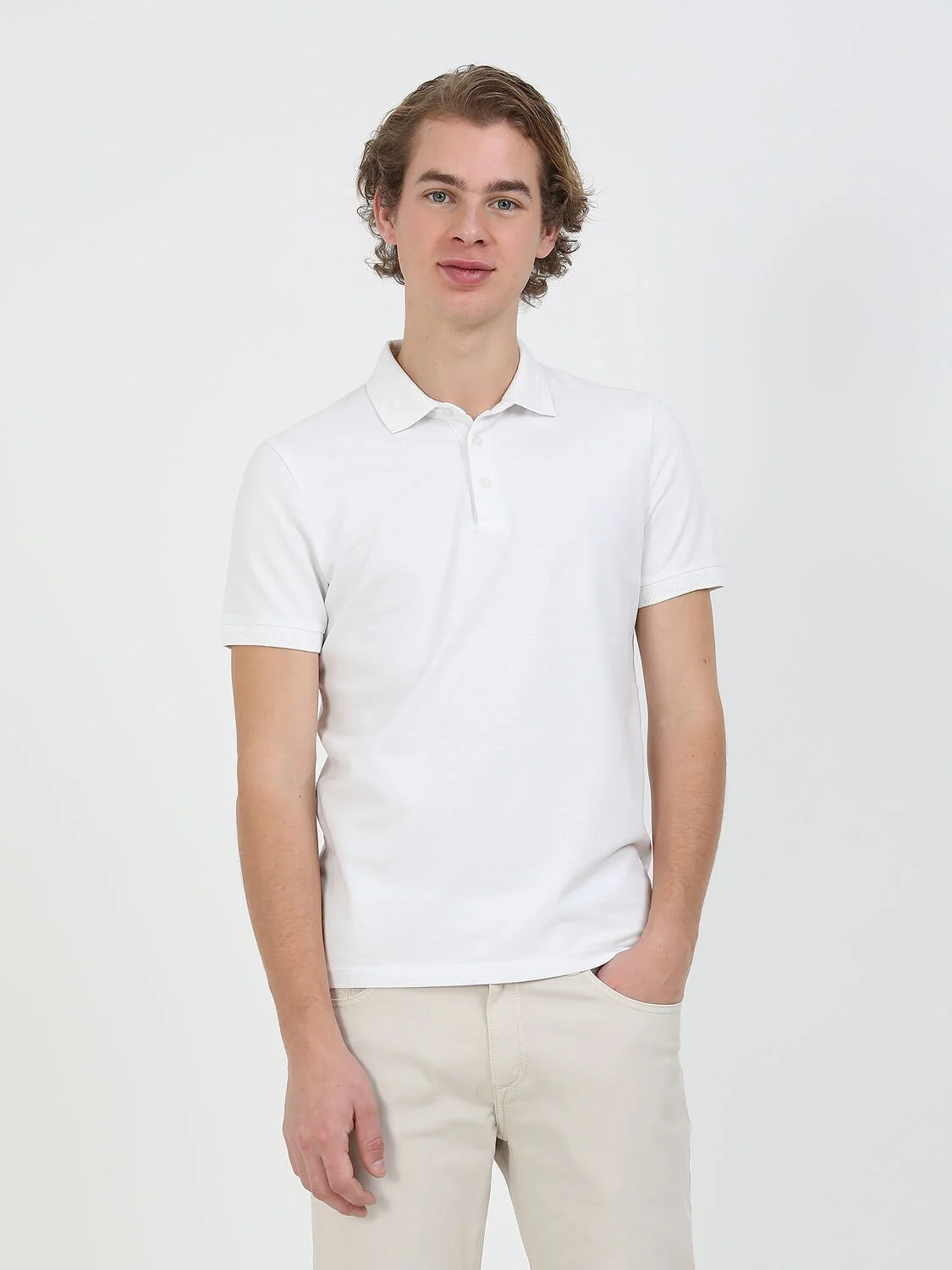 Beyaz Düz Polo Yaka %100 Pamuk T-Shirt - 1