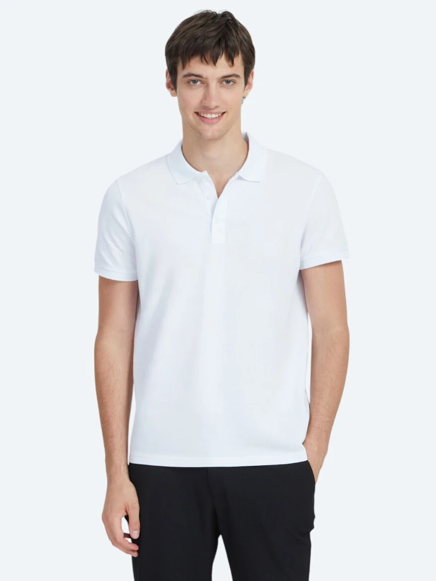 Beyaz Düz Polo Yaka %100 Pamuk T-Shirt 