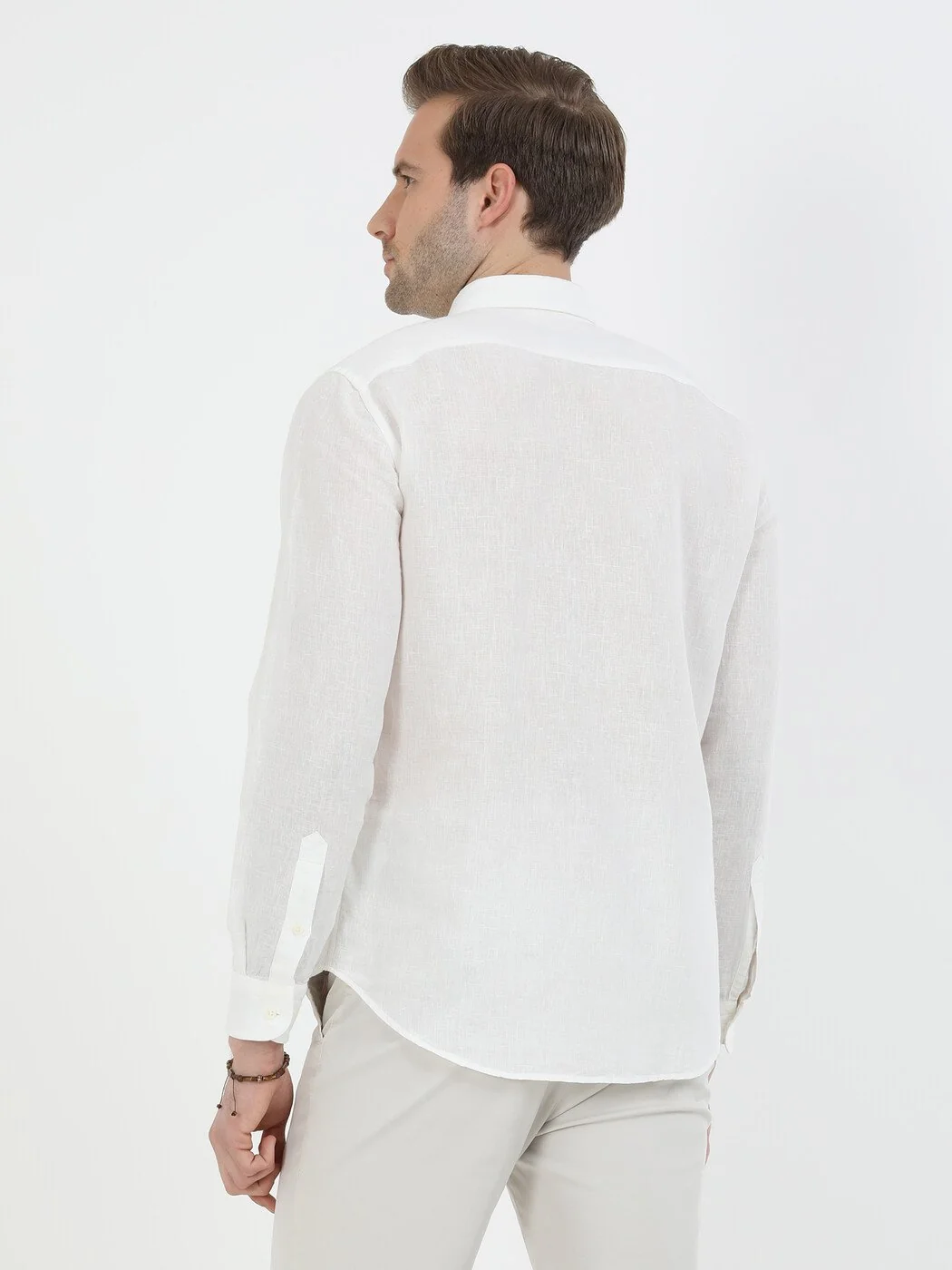 Beyaz Düz Regular Fit Dokuma Casual Pamuk Karışımlı Gömlek - 5