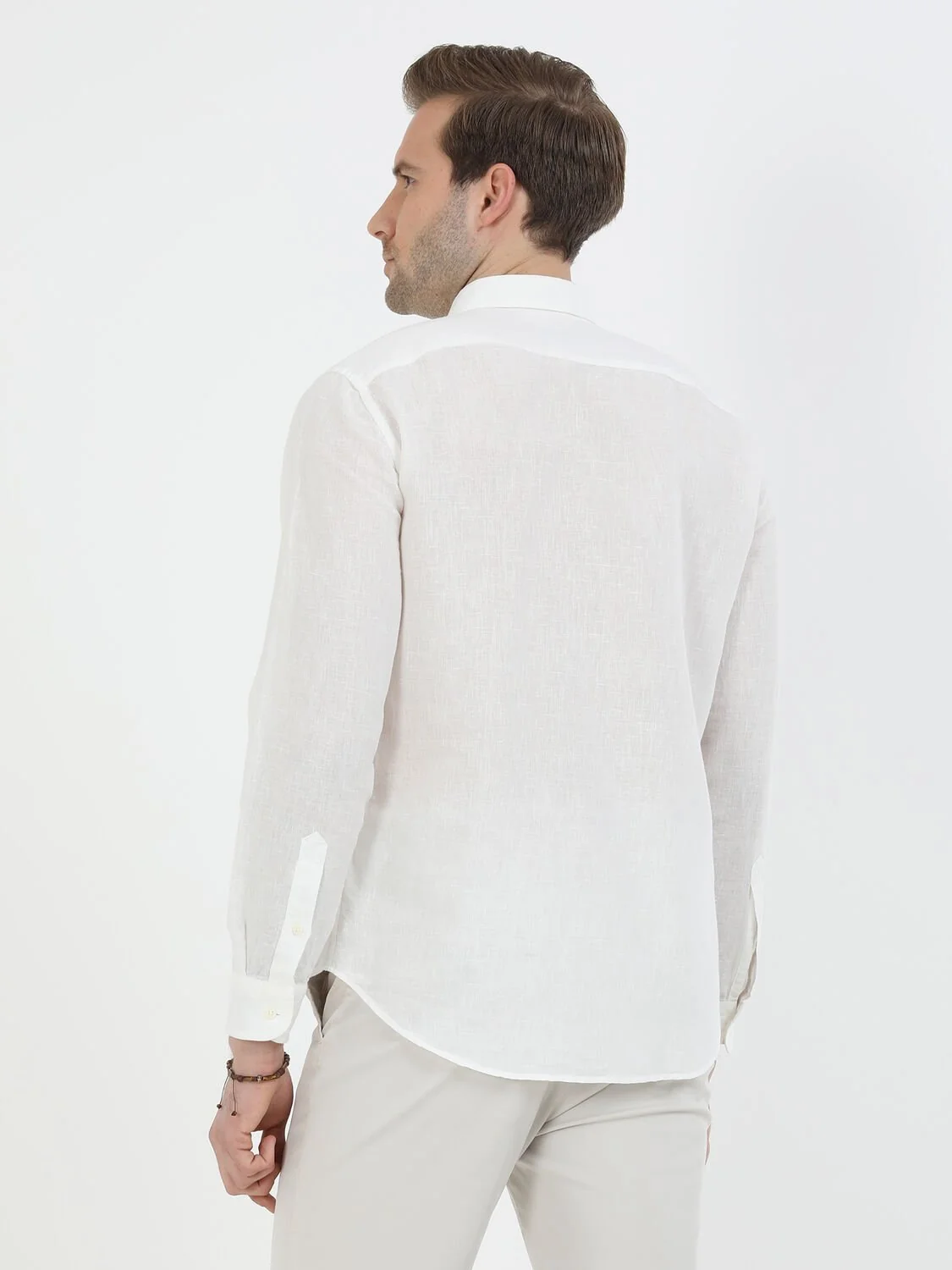 Beyaz Düz Regular Fit Dokuma Casual Pamuk Karışımlı Gömlek - 5