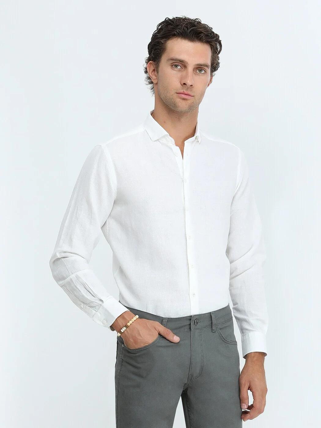 Beyaz Düz Regular Fit Dokuma Casual Pamuk Karışımlı Gömlek - 3