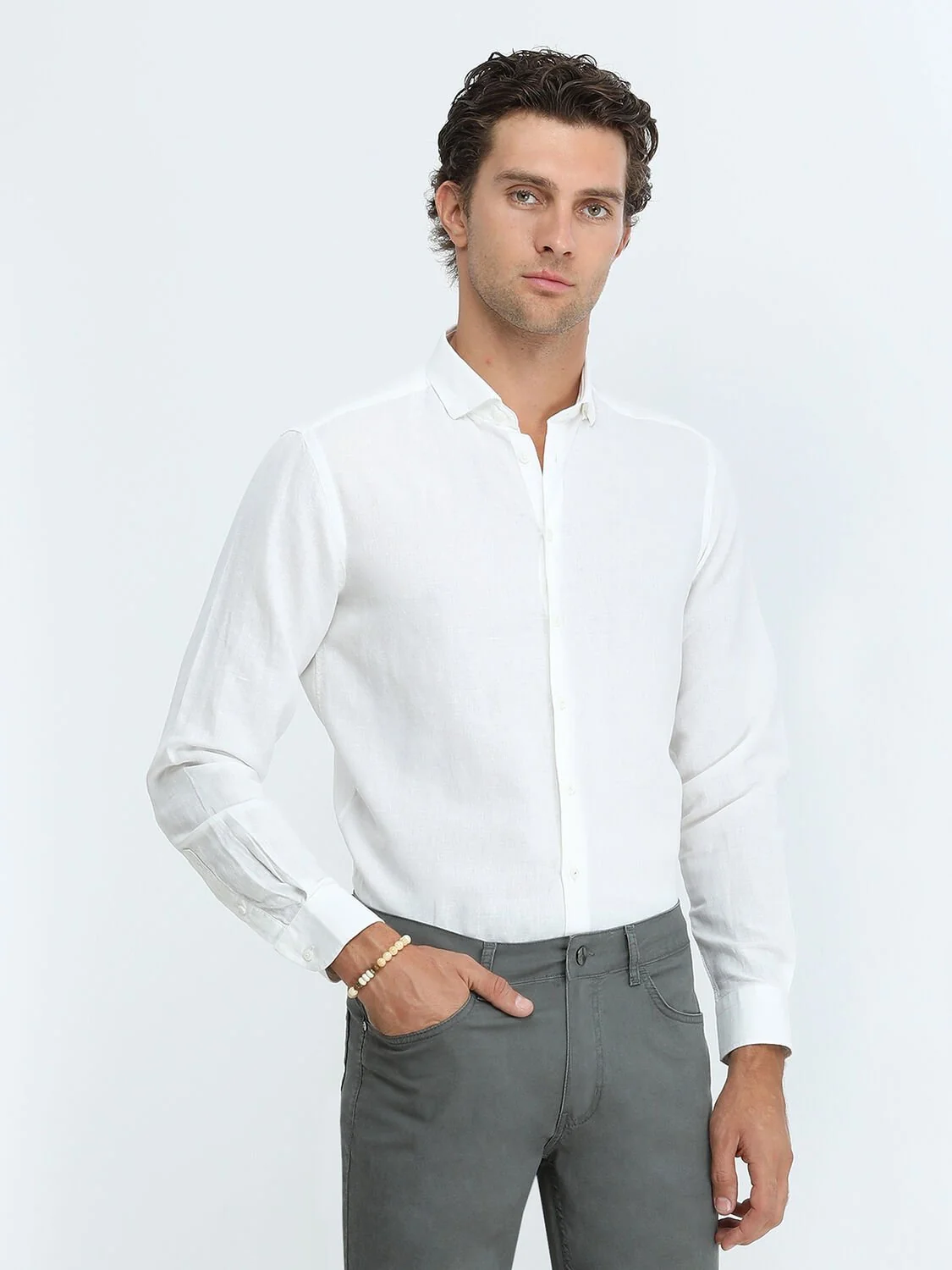 Beyaz Düz Regular Fit Dokuma Casual Pamuk Karışımlı Gömlek - 3