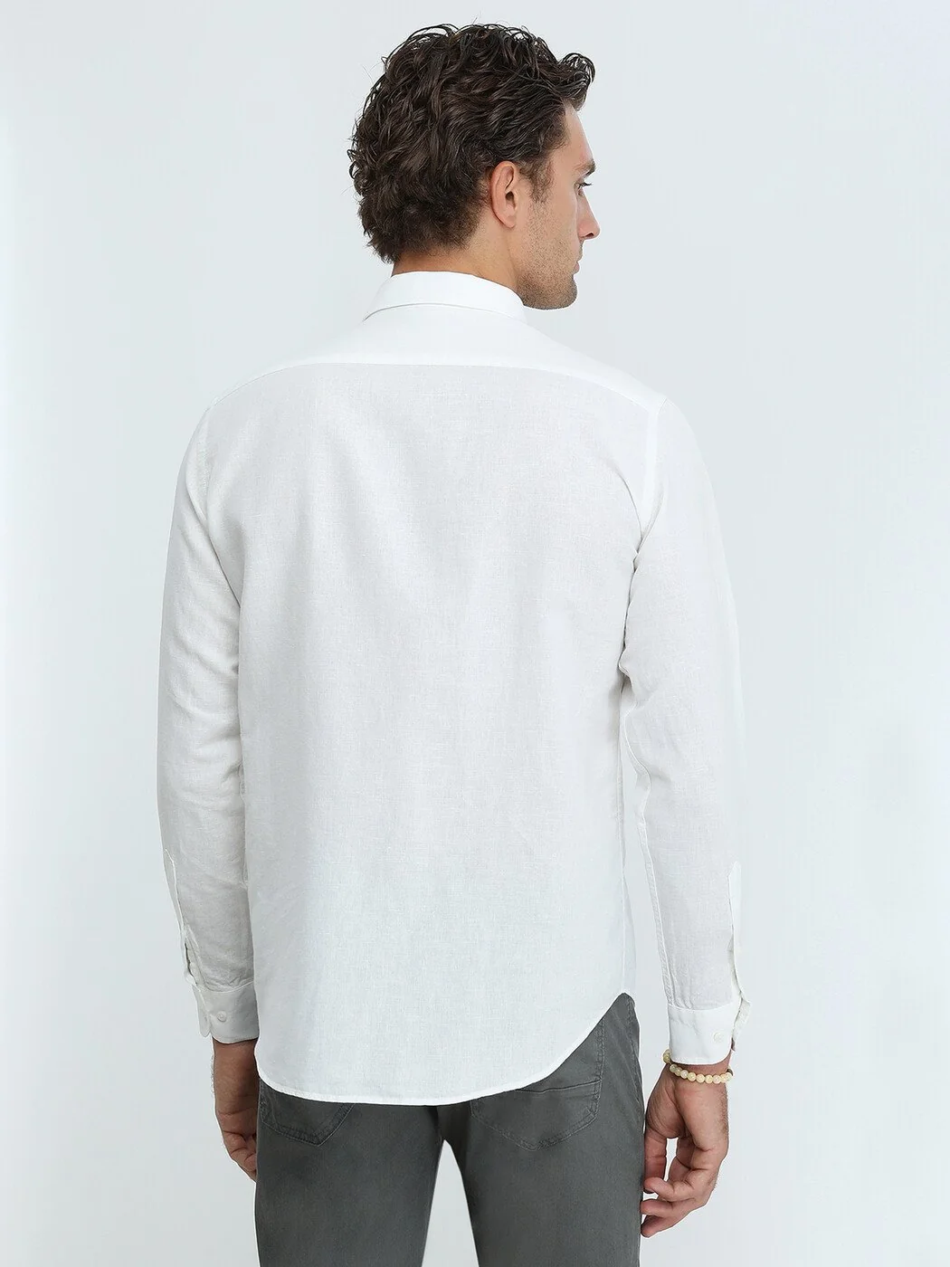Beyaz Düz Regular Fit Dokuma Casual Pamuk Karışımlı Gömlek - 5