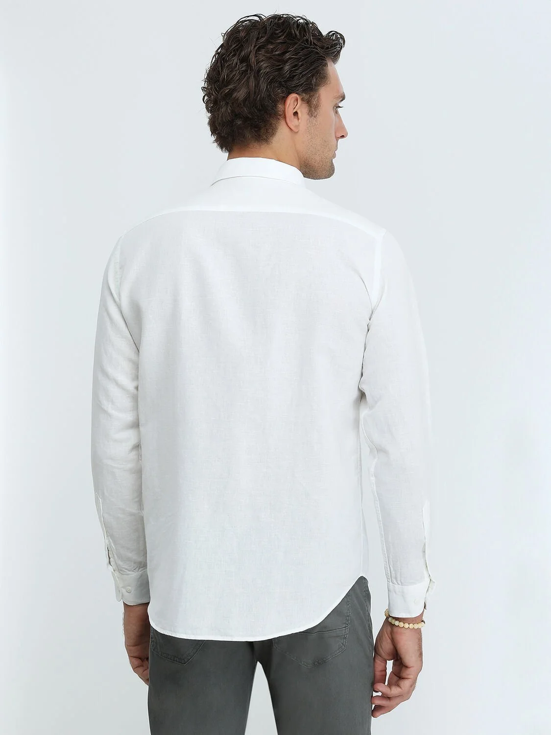 Beyaz Düz Regular Fit Dokuma Casual Pamuk Karışımlı Gömlek - 5